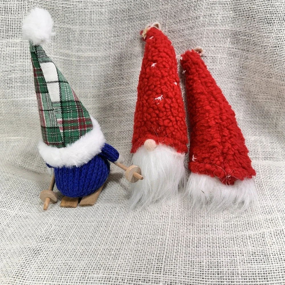 Christmas Gnome Ornaments Lot Nordic‎ Plush Red Hat & Wood Skier Gnome Decor